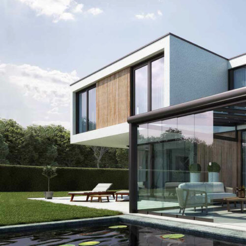 Terrasse modernes Haus mit Teich
